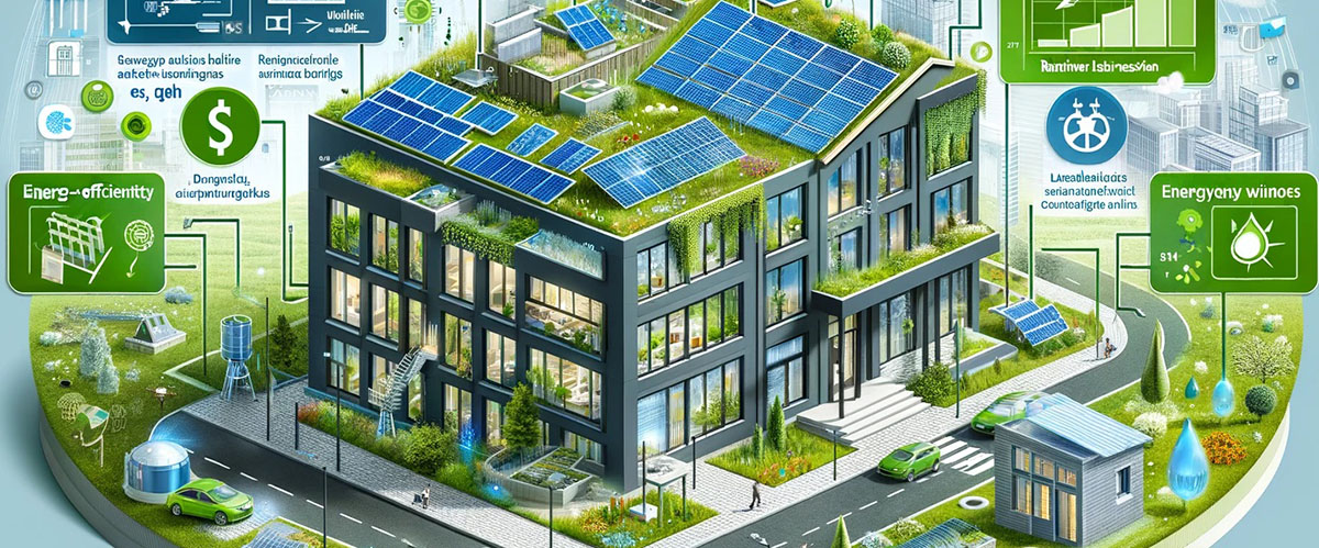 edificio sostenible de oficinas con paneles solares en cubierta y mucha vegetación